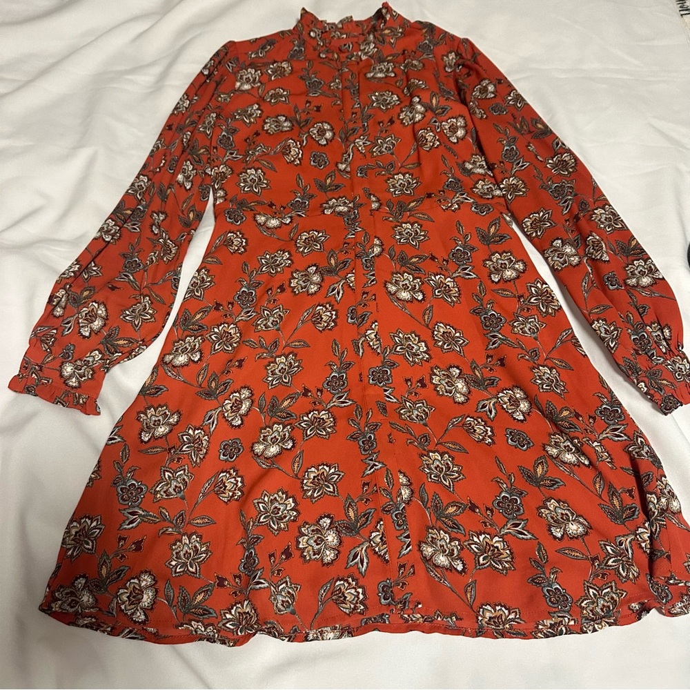LOFT Red Floral Long Sleeve Dress size 0 round neck NWT